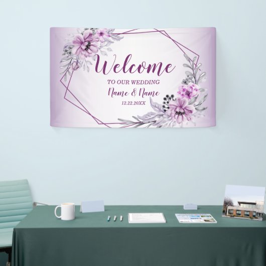 Welkom bruiloft Pink Floral Violet Paars Spandoek (Beurs)