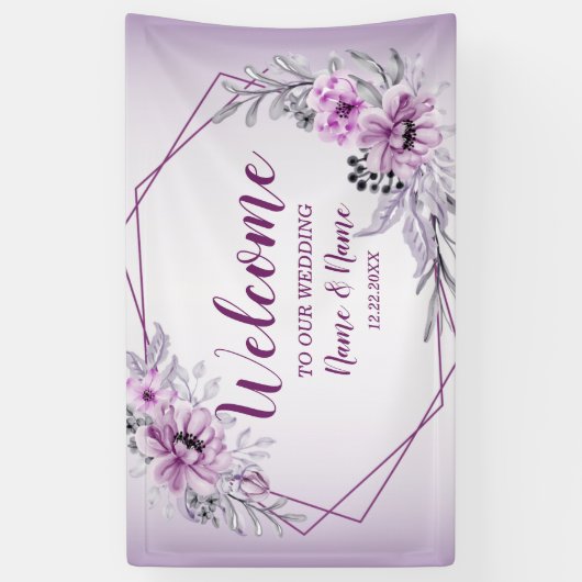Welkom bruiloft Pink Floral Violet Paars Spandoek (Verticaal)