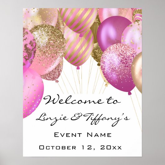 Welkom Bruiloft Poster Roze Gouden Ballons Wit (Voorkant)