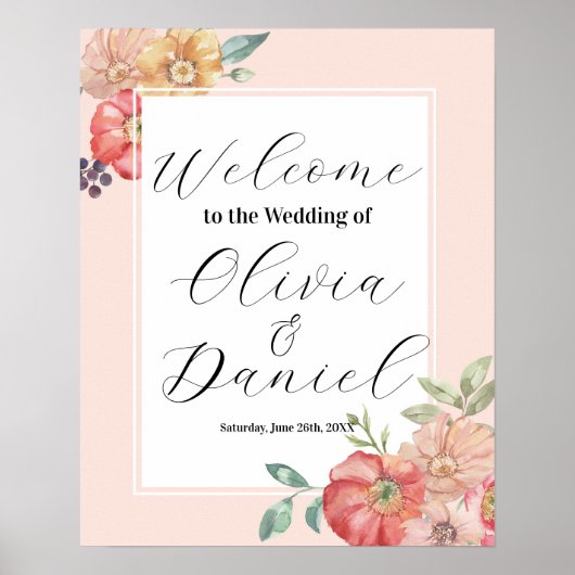 Welkom Bruiloft Poster teken Waterverf Bloemen (Voorkant)
