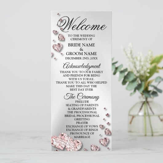 Welkom Bruiloft Roze Perzik Glanzende Geometrische Programmakaart (Staand voorkant)