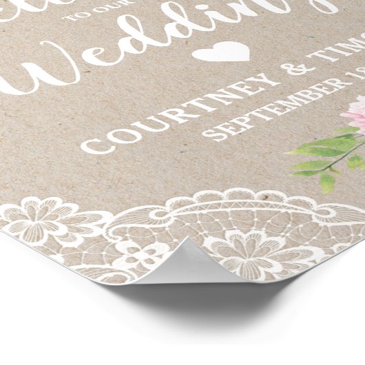 Welkom bruiloft Rustic Lace Waterverf Flower | Poster (Hoek)