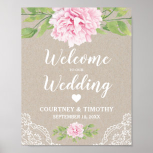 Welkom bruiloft Rustic Lace Waterverf Flower Poster