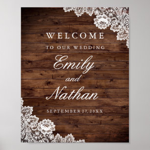Welkom bruiloft Sign Rustic Wood Lace Poster
