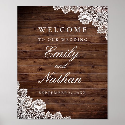 Welkom bruiloft Sign Rustic Wood  Lace Poster (Voorkant)