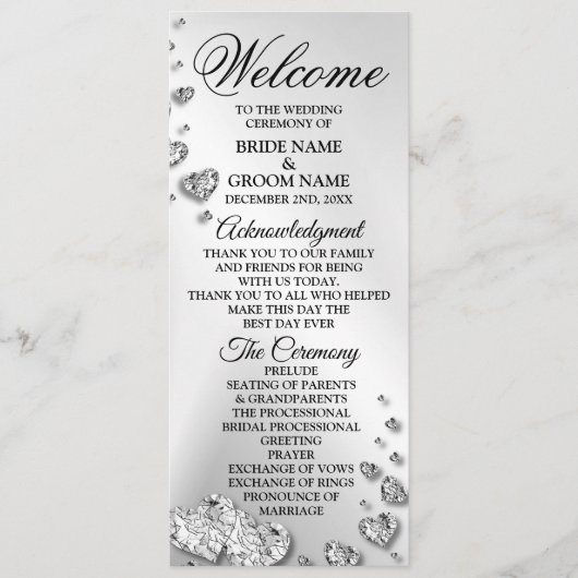 Welkom bruiloft Silver Hearts Grey Elegant Rustic Programmakaart (Voorkant)