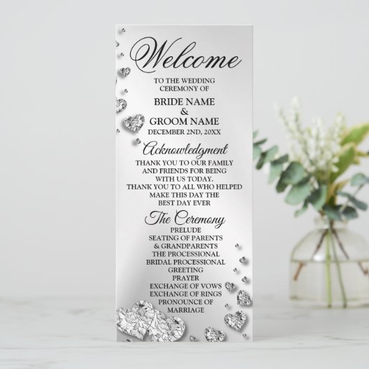 Welkom bruiloft Silver Hearts Grey Elegant Rustic Programmakaart (Staand voorkant)