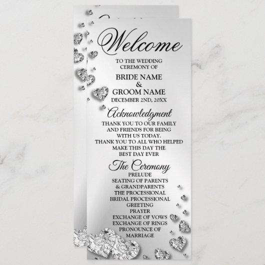 Welkom bruiloft Silver Hearts Grey Elegant Rustic Programmakaart (Voorkant / Achterkant)