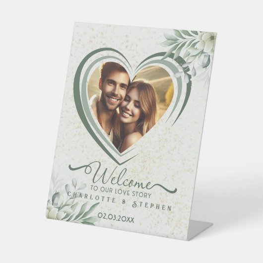 Welkom bruiloft teken onze liefde gepersonaliseerd reclamebord met voetstuk (Voorkant)