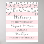 Welkom bruiloft Teken Roze Stripe Silver Confetti Poster (Voorkant)