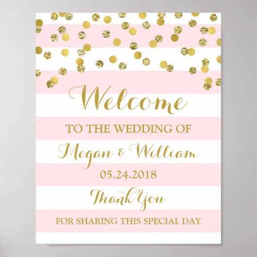 Welkom bruiloft Teken Roze Stripes Gold Confetti Poster (Voorkant)