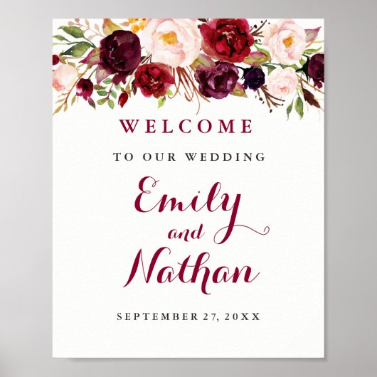 Welkom bruiloft Teken Rustic Burgundy Red Floral Poster (Voorkant)