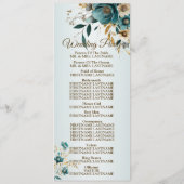 Welkom Bruiloft Turquoise Bloem Gouden Bladeren Programmakaart (Achterkant)