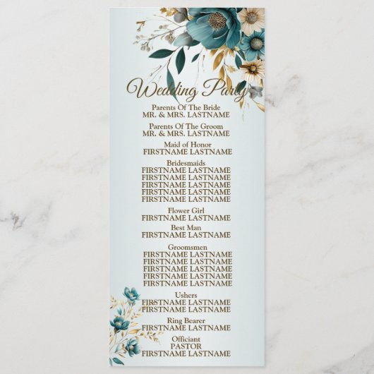 Welkom Bruiloft Turquoise Bloem Gouden Bladeren Programmakaart (Achterkant)