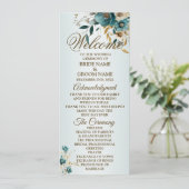 Welkom Bruiloft Turquoise Bloem Gouden Bladeren Programmakaart (Staand voorkant)