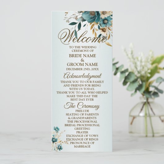 Welkom Bruiloft Turquoise Bloem Gouden Bladeren Programmakaart (Staand voorkant)