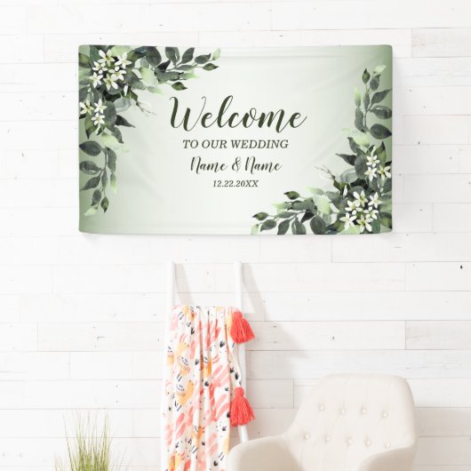 Welkom bruiloft van Greenery Floral Leaves Spandoek (Insitu)