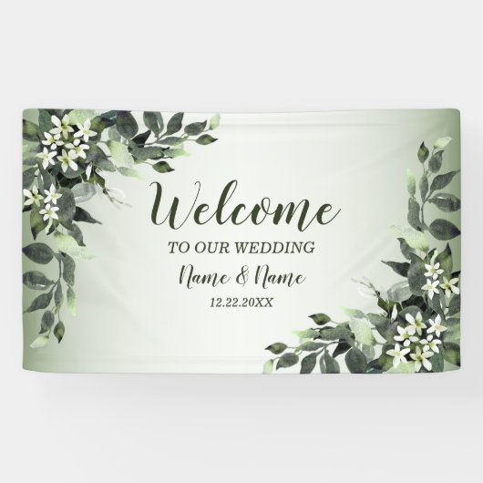 Welkom bruiloft van Greenery Floral Leaves Spandoek (Horizontaal)