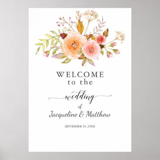 Welkom bruiloft White Floral Damask Waterverf Poster (Voorkant)