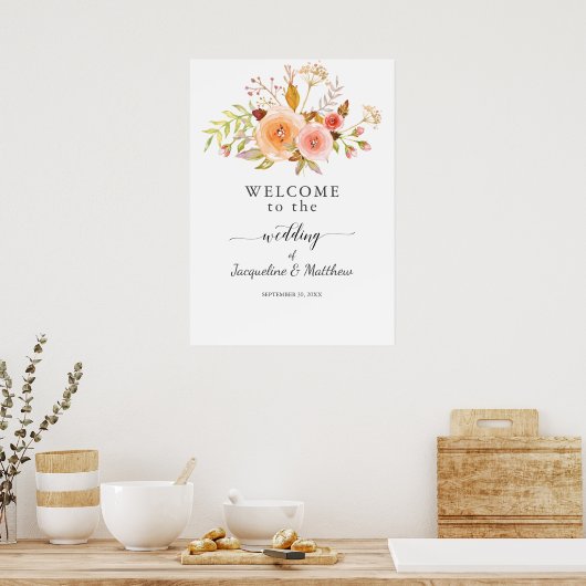 Welkom bruiloft White Floral Damask Waterverf Poster (Keuken)