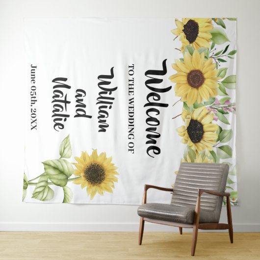 Welkom bruiloft zonnebloemen wandkleed (In Situ (horizontaal))