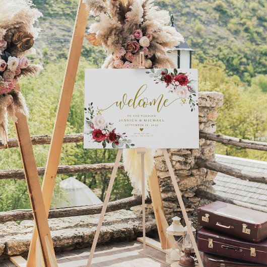 Welkom Bugundy Floral Poster