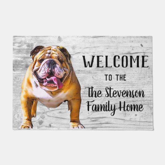 Welkom Bulldog Pet Dog Animal Familienaam Home Deurmat (Voorkant)