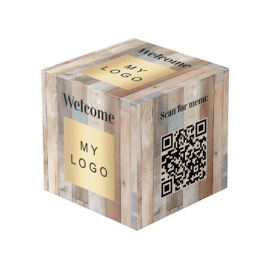Welkom business logo QR code driftwood menu tabel Kubus (Voorkant hoekig)