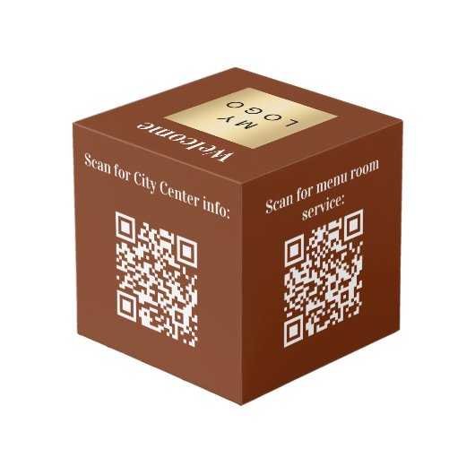 Welkom business logo QR codes bruin info tafel Kubus (Achter hoekig)