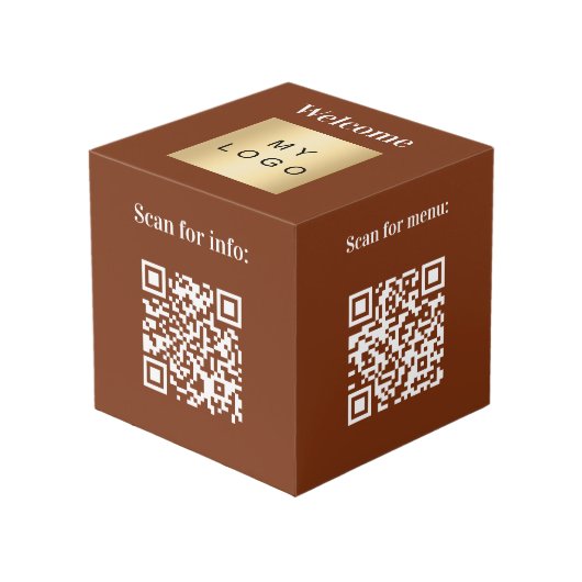 Welkom business logo QR codes bruin info tafel Kubus (Voorkant hoekig)
