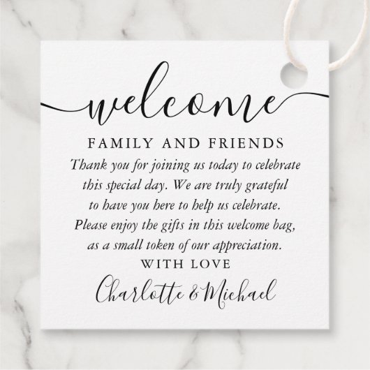 Welkom cadeautas voor zwarte en witte bruiloft bedankjes labels (Achterkant)