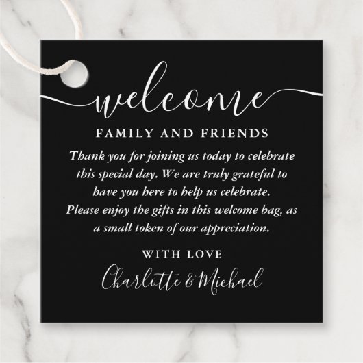 Welkom cadeautas voor zwarte en witte bruiloft bedankjes labels (Voorkant)