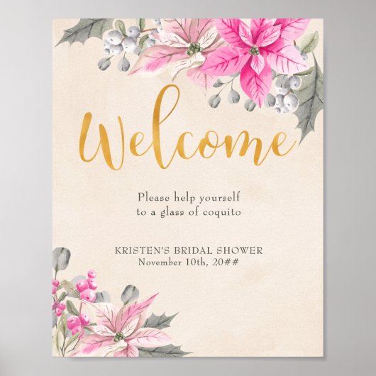 Welkom Calligraphy Roze Poinsettia Dranktafel Poster (Voorkant)