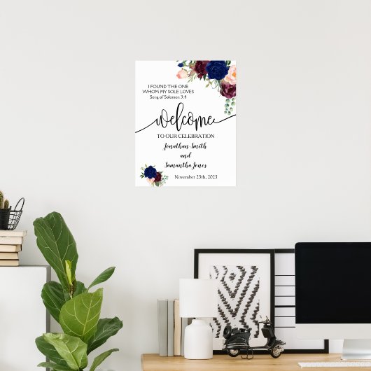 Welkom ceremonie bruiloft navy burgundy floral sig poster (Thuiskantoor)