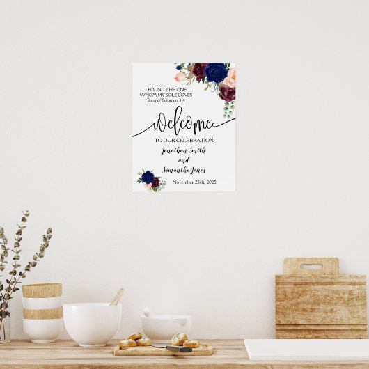 Welkom ceremonie bruiloft navy burgundy floral sig poster (Keuken)
