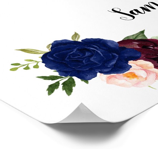 Welkom ceremonie bruiloft navy burgundy floral sig poster (Hoek)