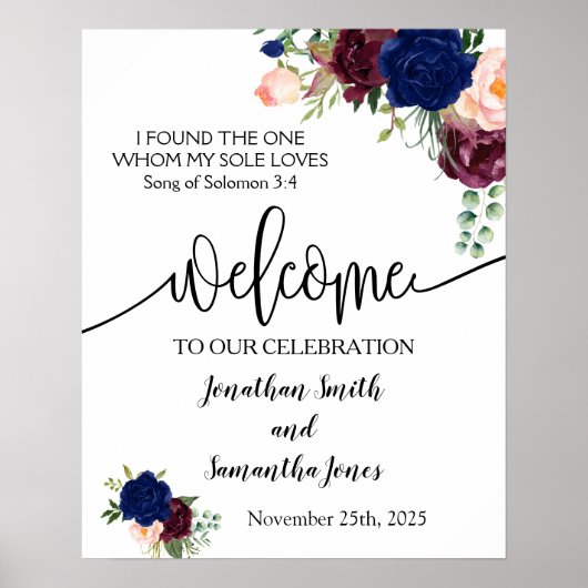 Welkom ceremonie bruiloft navy burgundy floral sig poster (Voorkant)