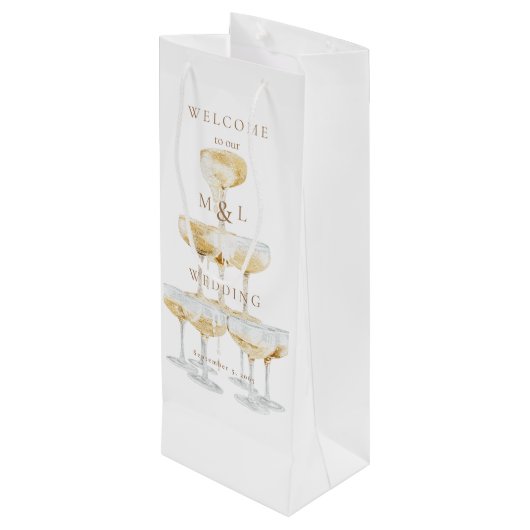 Welkom Champagne Tower Gold Monogram Weddenschap Wijn Cadeautas (Achterkant Gekanteld)
