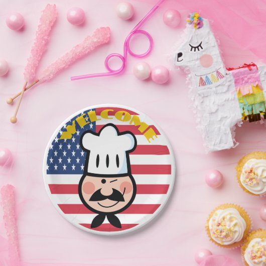 Welkom chef-kok met Amerikaanse vlag Papieren Bordje (Feest)