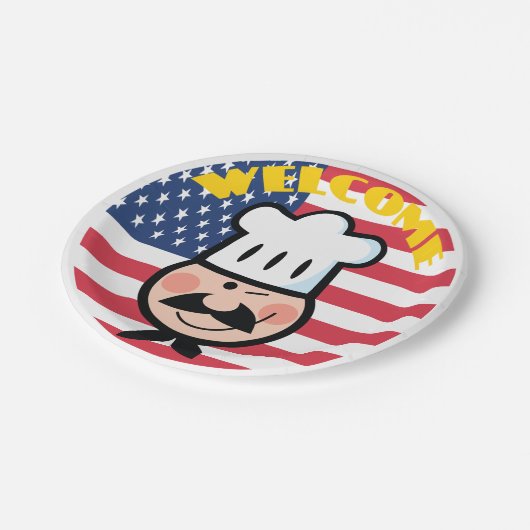 Welkom chef-kok met Amerikaanse vlag Papieren Bordje (Gekanteld)