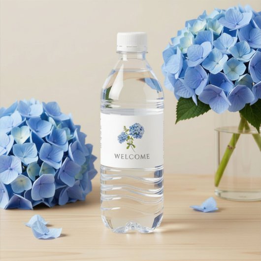 Welkom | Chic Blauwe Hortensia Bruiloft Waterfles Etiket