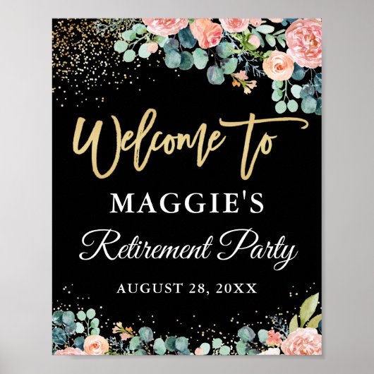 Welkom Chic Coral Floral Gold Retirement Party Poster (Voorkant)