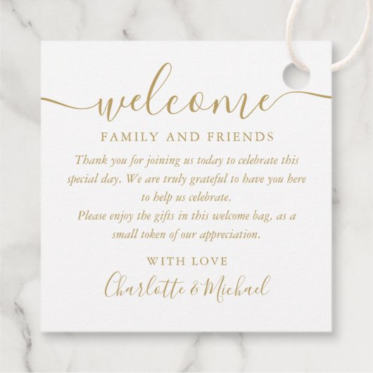 Welkom Chic Gold Script Weduwschap cadeaubon mandj Bedankjes Labels (Achterkant)
