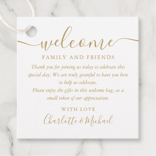 Welkom Chic Gold Script Weduwschap cadeaubon mandj Bedankjes Labels (Voorkant)