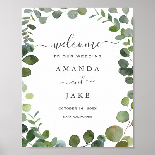 Welkom Chic Script Greenery Eucalyptus Weddenschap Poster (Voorkant)
