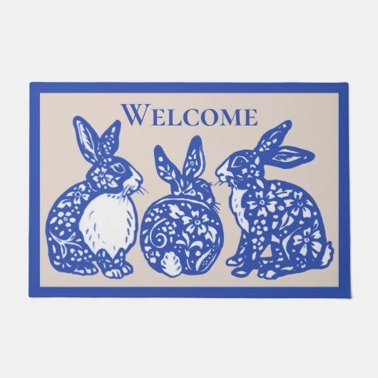 Welkom Chinoiserie Rabbit Blue Bunny Delft Deurmat (Voorkant)