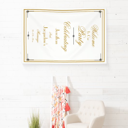Welkom Classy White & Gold Script Chic Weduwen Spandoek (Insitu)
