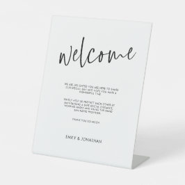 Welkom COVID Veiligheid Handgeschreven Zwart Scrip Reclamebord Met Voetstuk