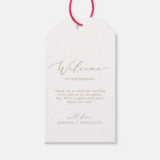 Welkom Delicate Gold Calligraphy Weddenschap Cadeaulabel (Voorkant)
