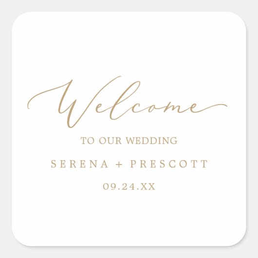 Welkom Delicate Gold Calligraphy Weddenschap Vierkante Sticker (Voorkant)